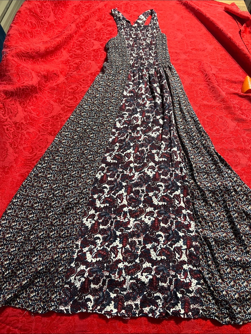 Marisol Boho Paisley Maxi Dress Small Burgundy Navy Smocked Rayon